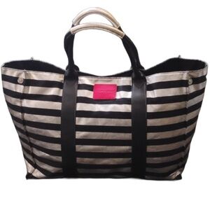 NWT VICTORIA’S SECRET LARGE SILVER AND BLACK STRIPED TOTE BAG